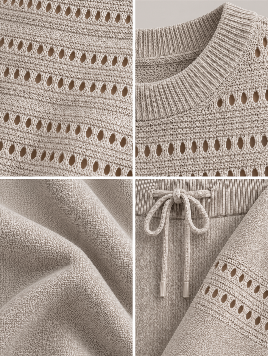 Oatmeal Pointelle Knit Sweater & Wide-Leg Pants Set