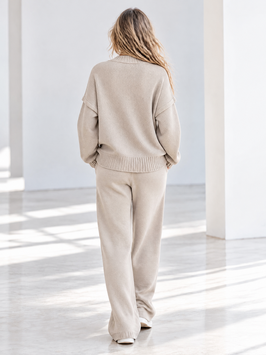 Stylish Casual Oatmeal V-Neck Long-Sleeve Sweater And Wide-Leg Pants Set
