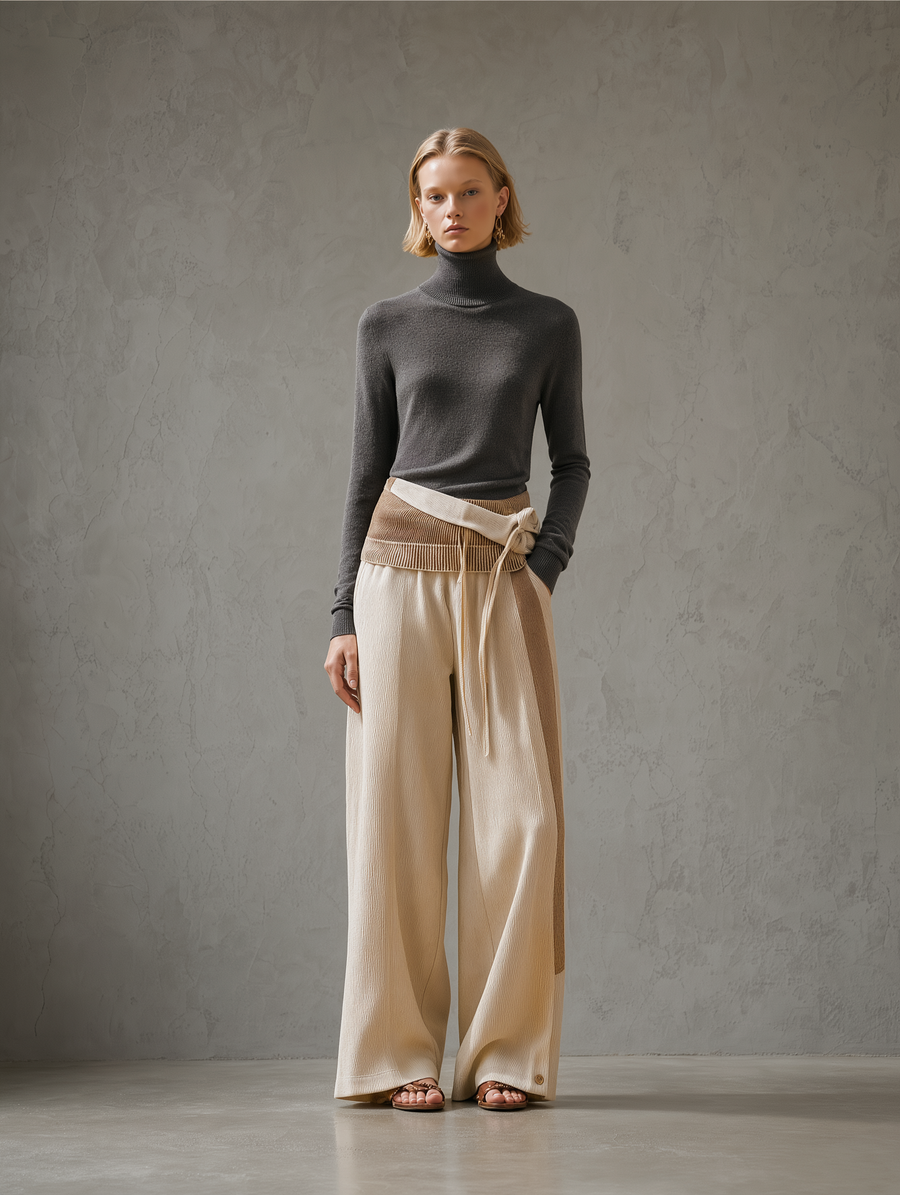 Charcoal Turtleneck & Cream Wrap-Tie Wide-Leg Pants Set