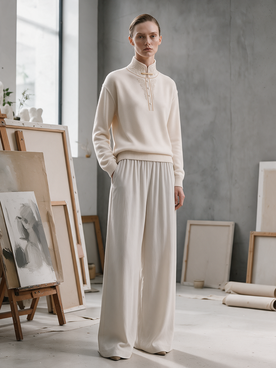 Ivory Embroidered Mock Neck Half-Button Knit Sweater