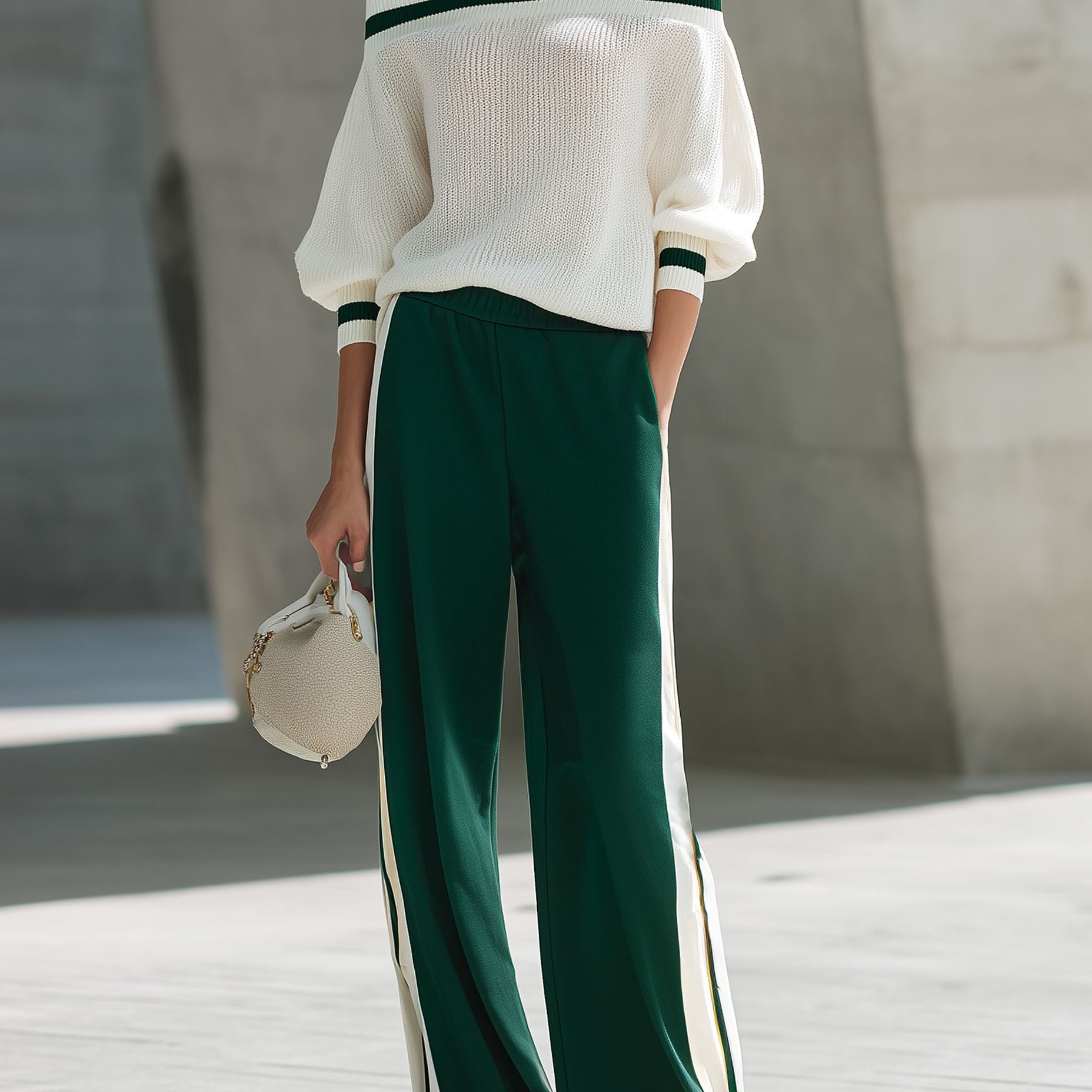 Women's Versatile Color-block Off-the-shoulder Knit Top And Wide-leg Pants Set