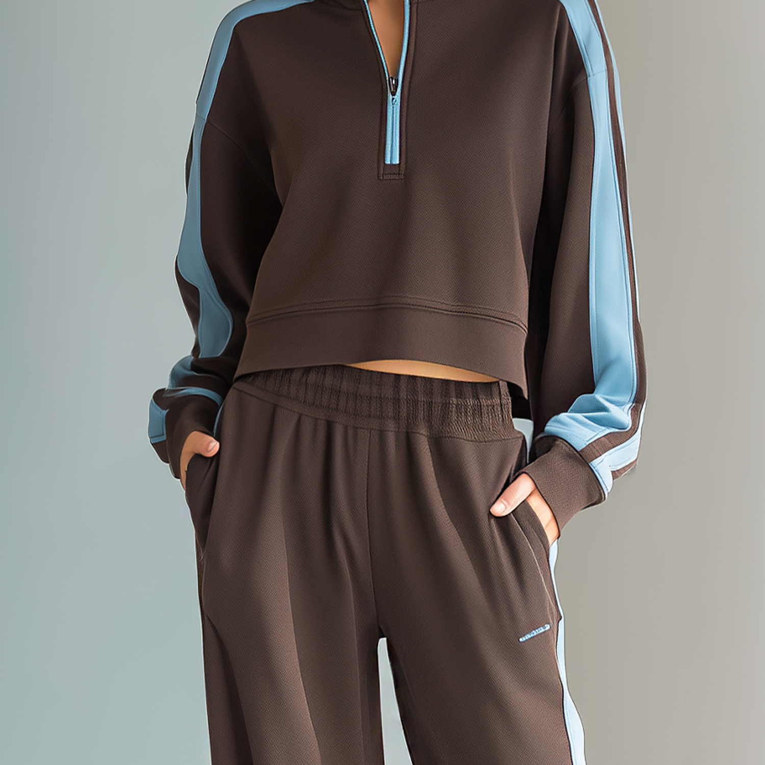 Women's Fashionable Casual Brown Color-block Half-zip Short Sweatshirt