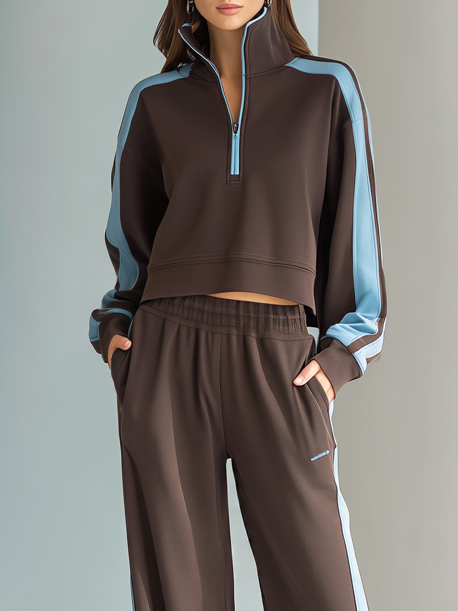 Women's Fashionable Casual Brown Color-block Half-zip Short Sweatshirt