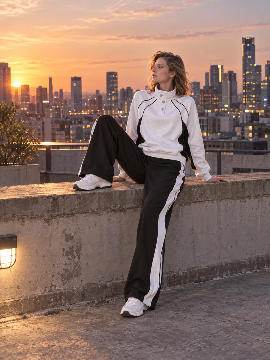 Sporty-chic Black And White Color-block Long-sleeve Top And Wide-leg Pants Set