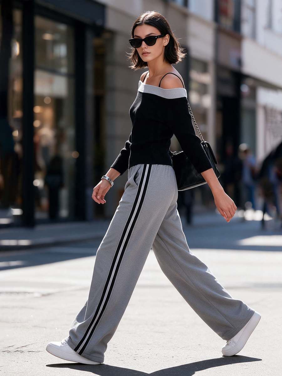 Black‑Grey Contrast Off‑Shoulder Knit Top Side‑Stripe Wide Leg Pants Set
