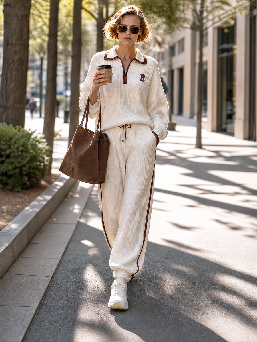 Off‑White Brown Trim Collared Half‑Zip Knit Jogger Set