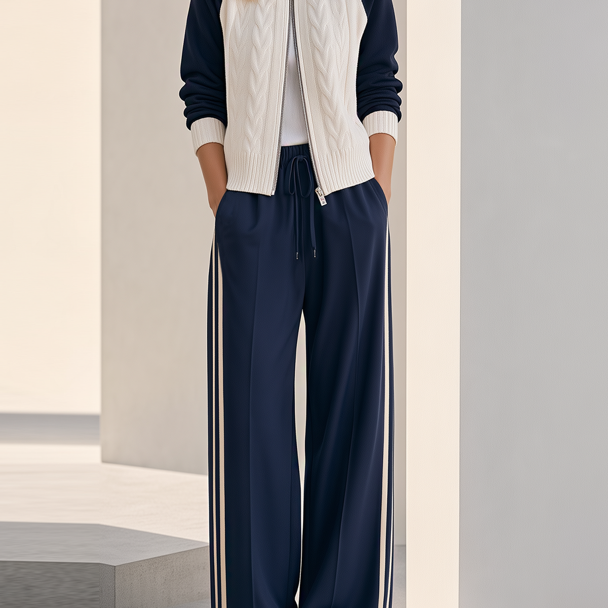 Navy & White Cable Knit Zip Cardigan & Side Stripe Wide Leg Pants Set