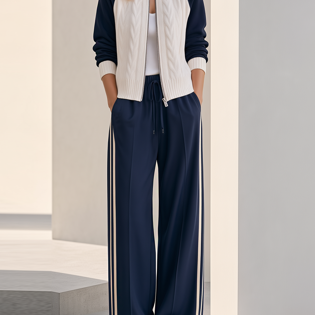 Navy & White Cable Knit Zip Cardigan & Side Stripe Wide Leg Pants Set