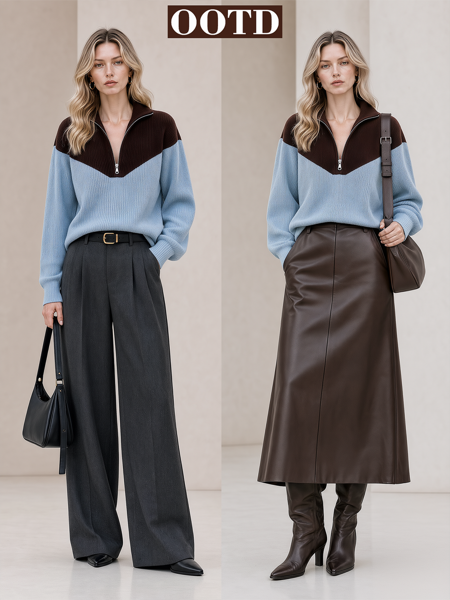 Brown‑Blue Color‑Block Half‑Zip Knit Top Wide Leg Pants Set