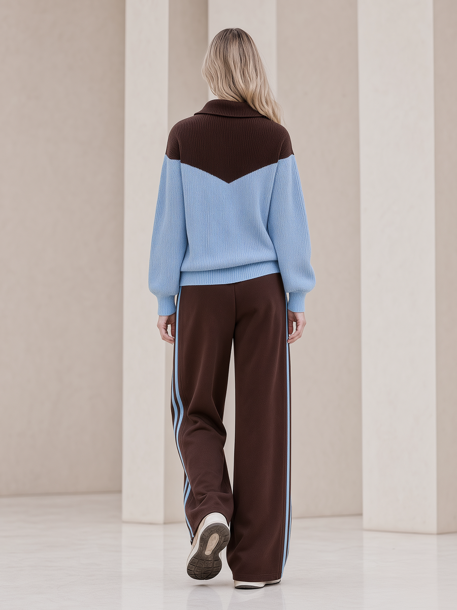 Brown‑Blue Color‑Block Half‑Zip Knit Top Wide Leg Pants Set
