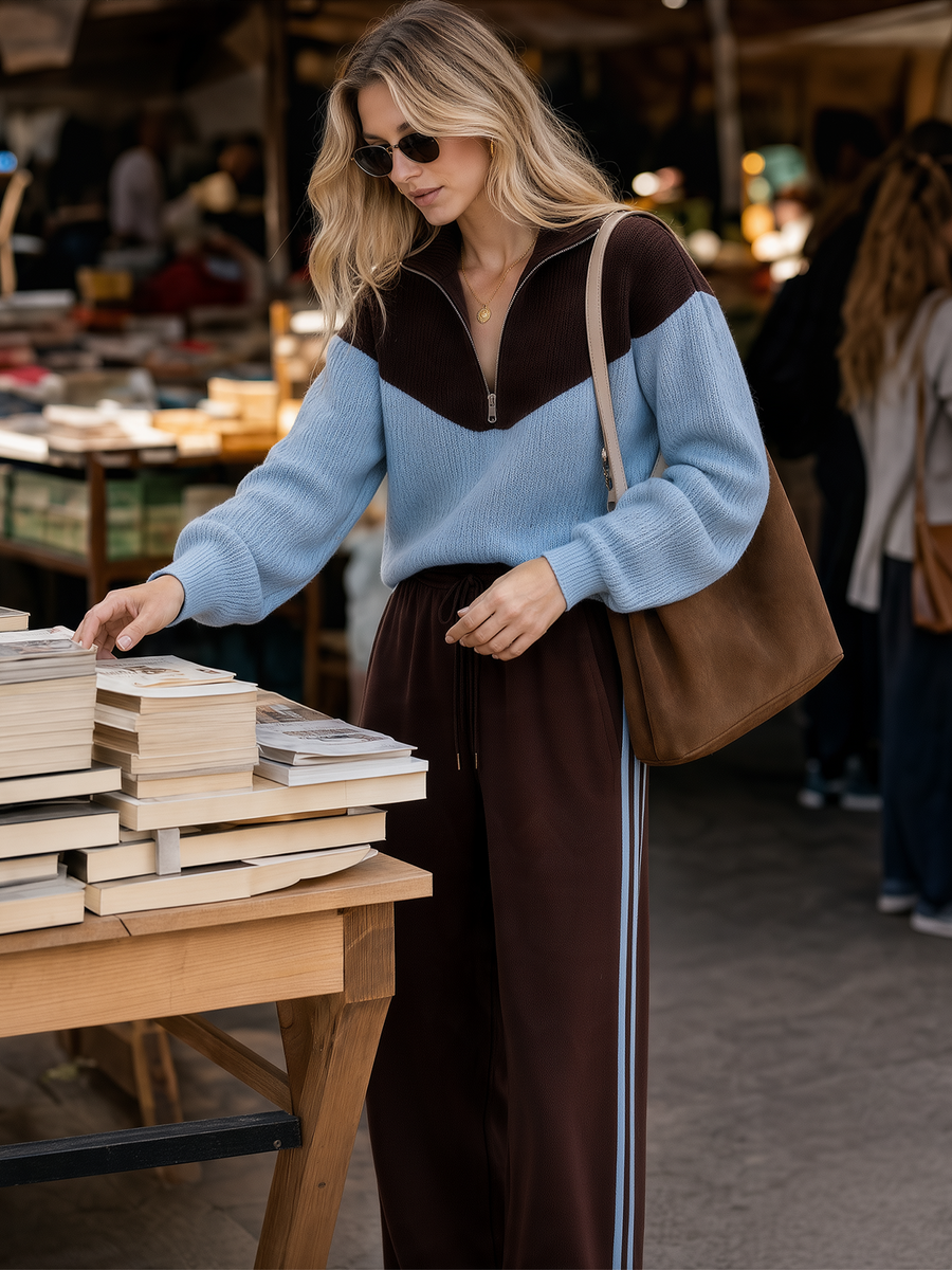 Brown‑Blue Color‑Block Half‑Zip Knit Top Wide Leg Pants Set
