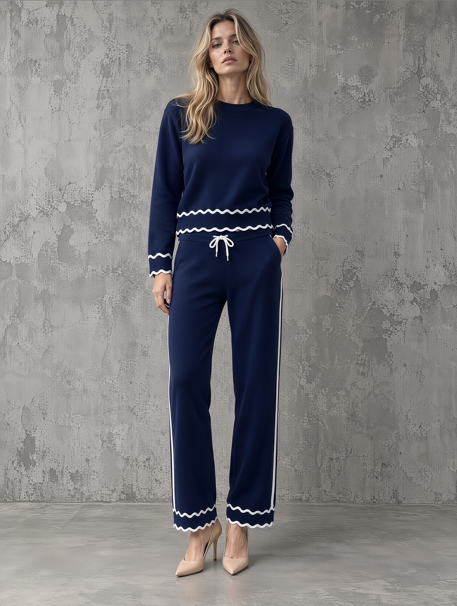 Navy Wavy-Trim Knit Sweater & Wide-Leg Drawstring Pants Set