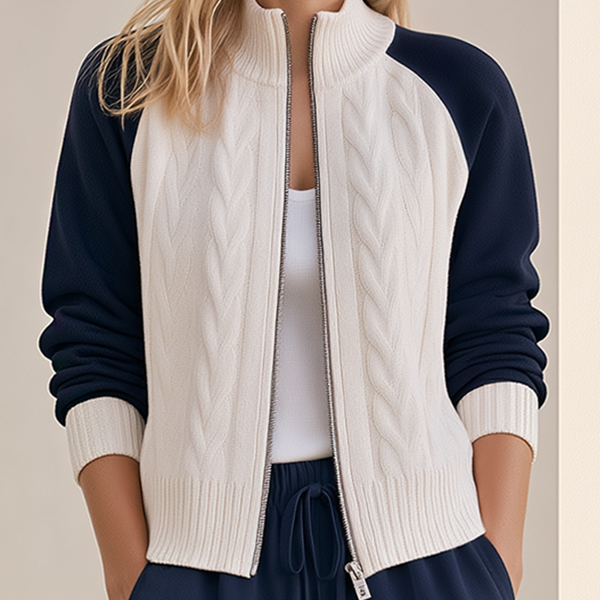 Stylish Navy Blue And White Cable-knit Zip-up Cardigan