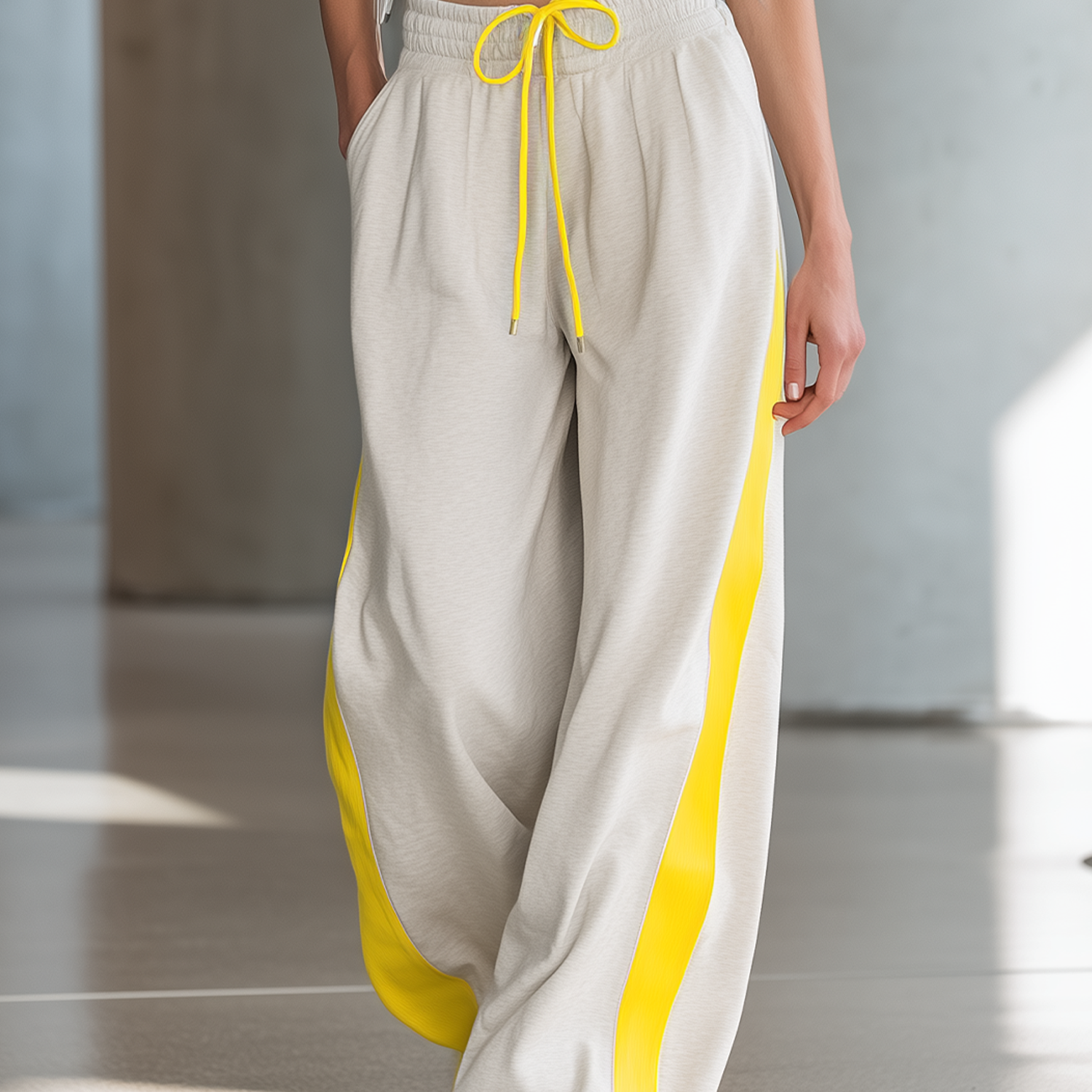 Women's Fashionable Casual Grey And White Color-block Striped Drawstring Wide-leg Pants