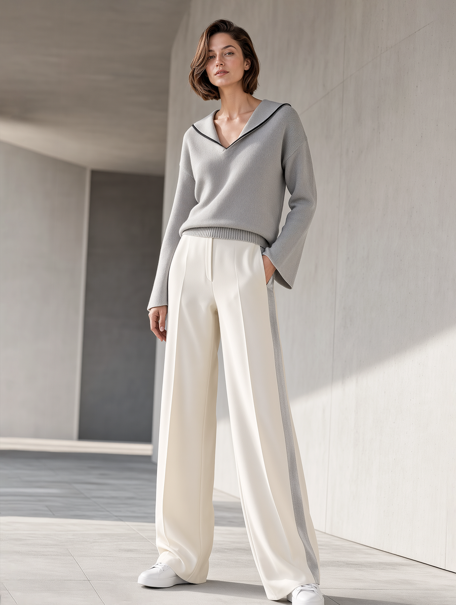 Light Gray And Navy V-neck Knit Top And Wide-leg Trousers Set
