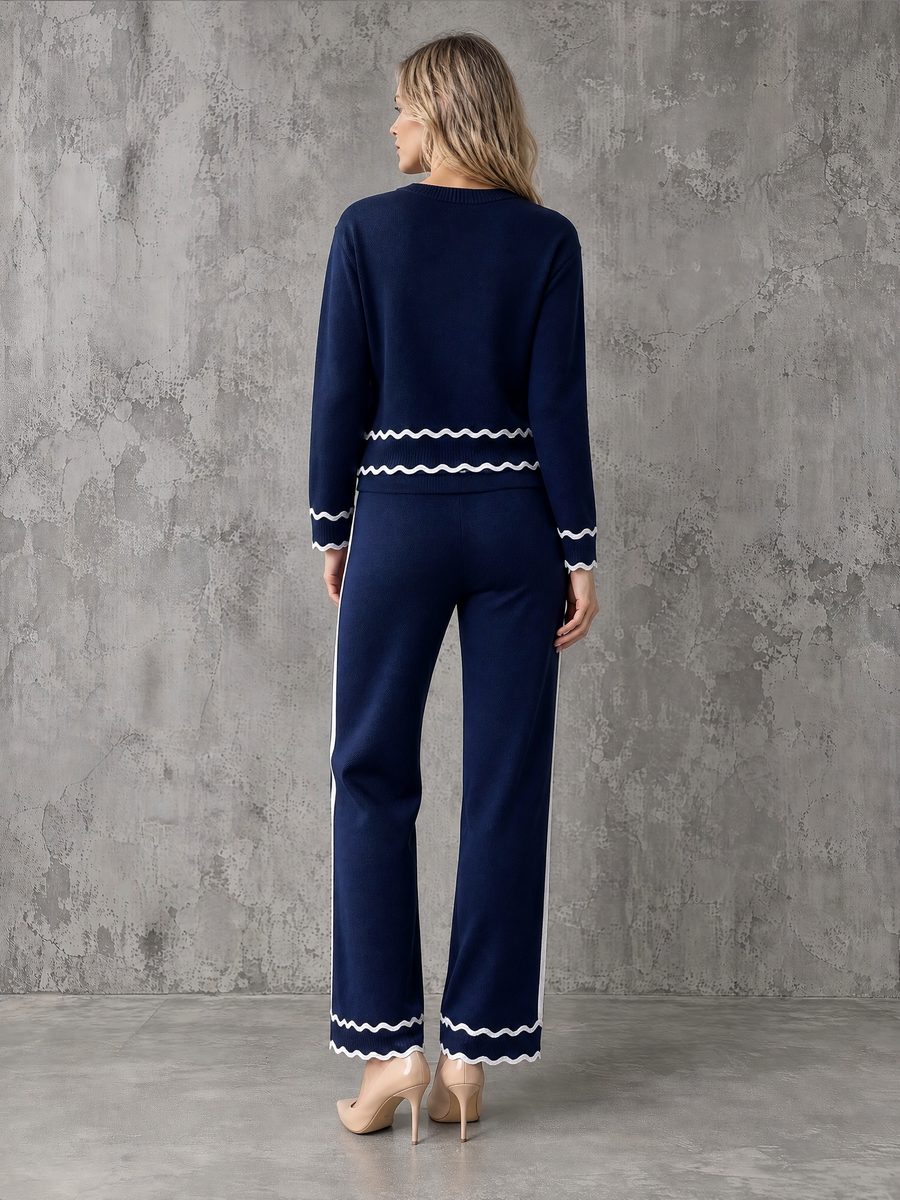 Navy Wavy-Trim Knit Sweater & Wide-Leg Drawstring Pants Set
