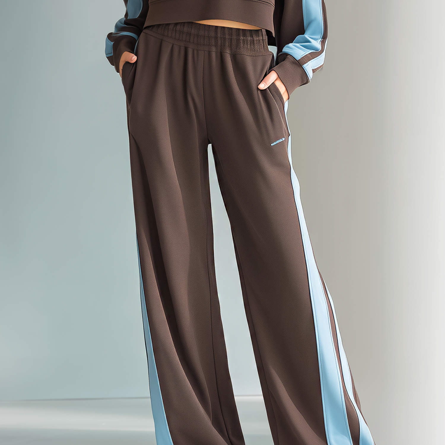 Women's Stylish Casual Brown And Blue Wide-leg Trousers