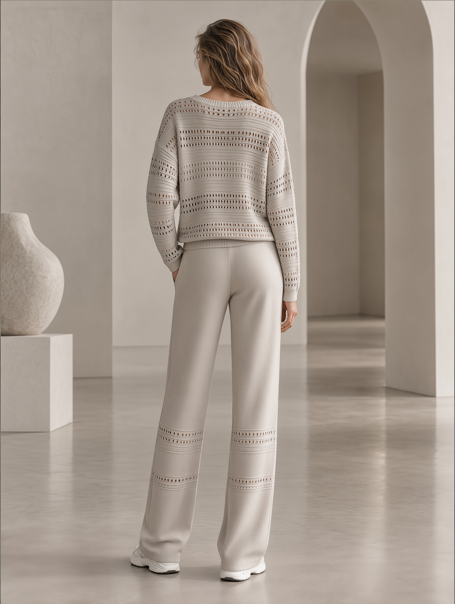 Oatmeal Pointelle Knit Sweater & Wide-Leg Pants Set