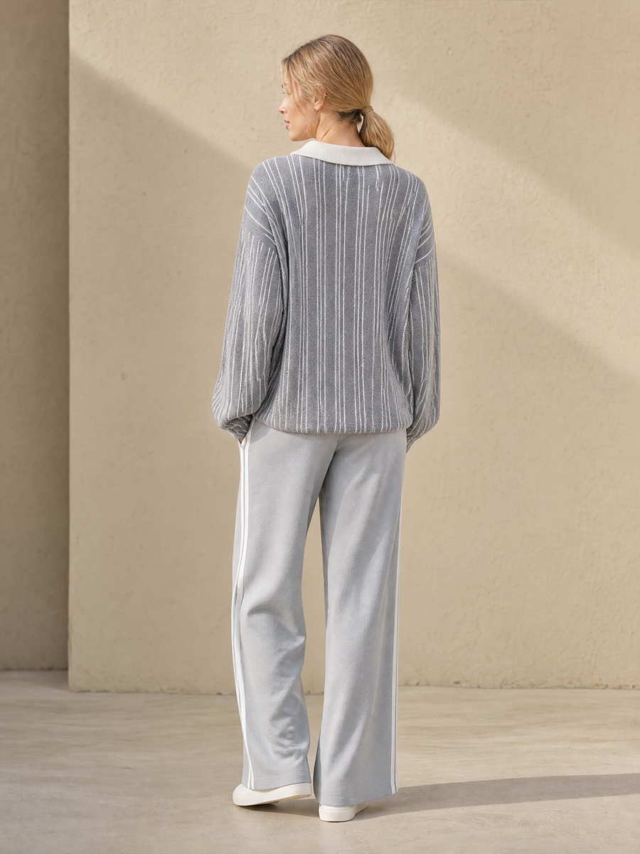 Grey And White Fine-striped Long-sleeve Collared Sweater And Wide-leg Trousers Set