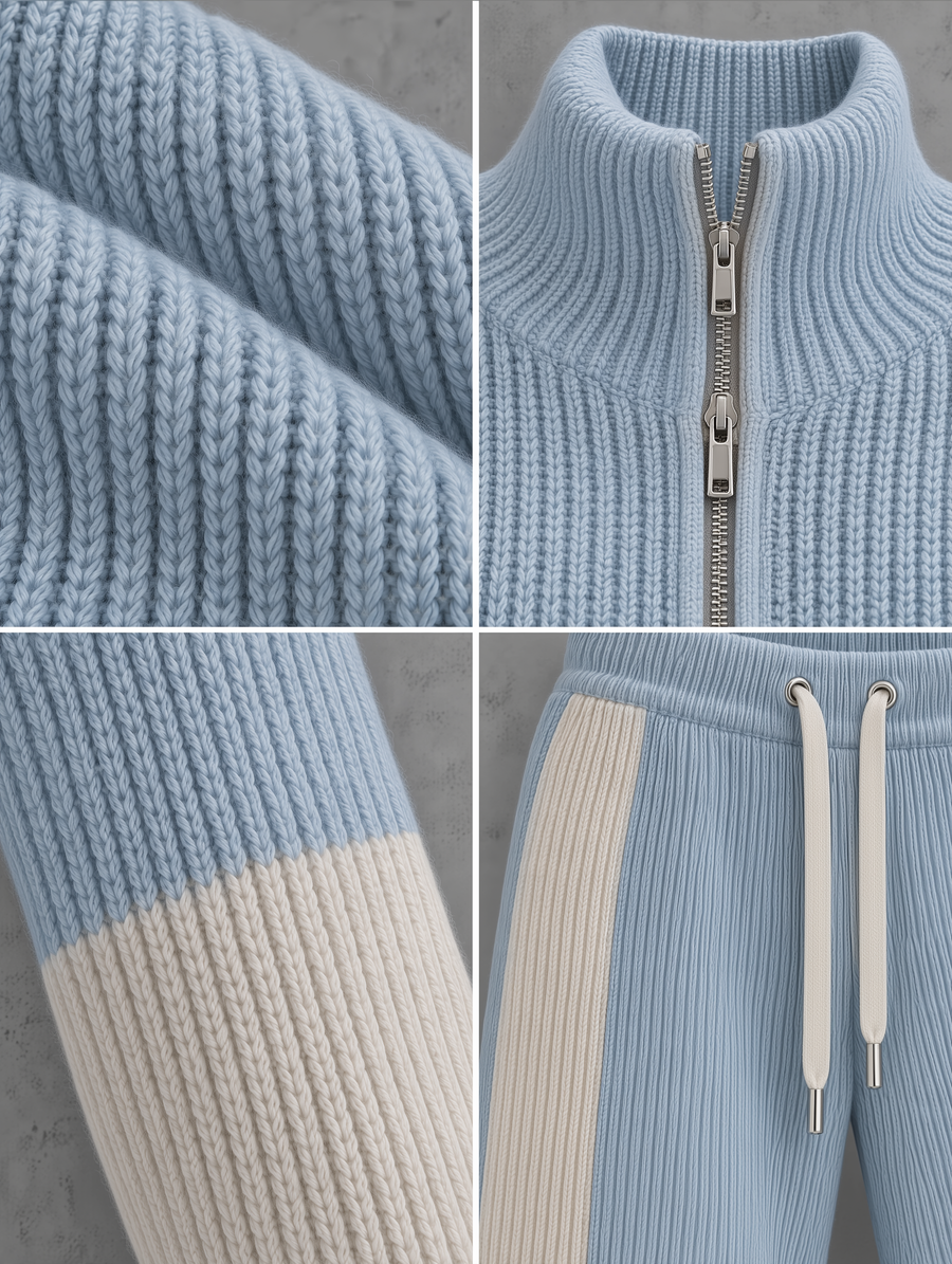 Light Blue Half-Zip Cropped Knit Cardigan & Wide-Leg Pants Set