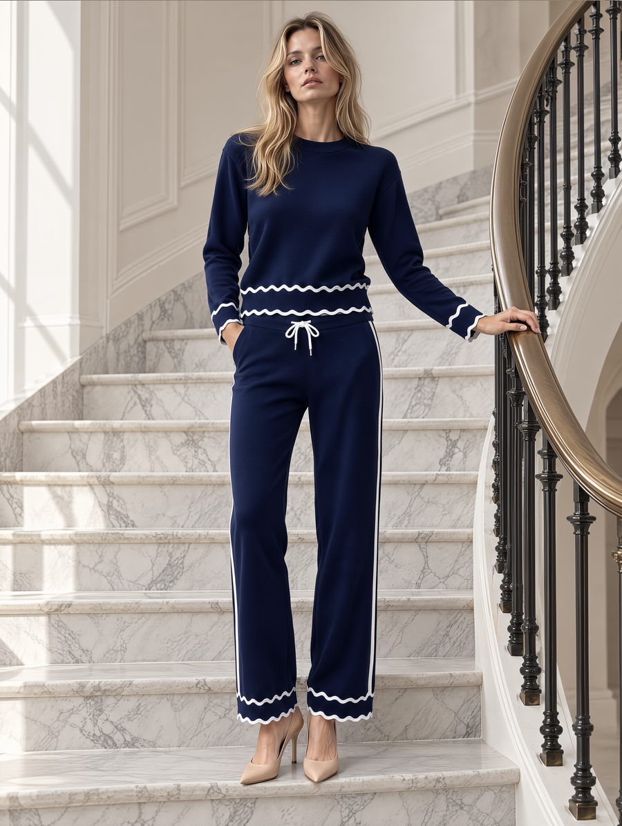 Navy Wavy-Trim Knit Sweater & Wide-Leg Drawstring Pants Set