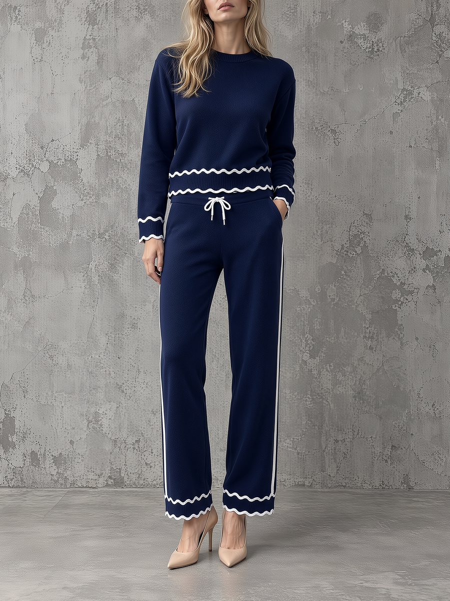 Navy Wavy-Trim Knit Sweater & Wide-Leg Drawstring Pants Set