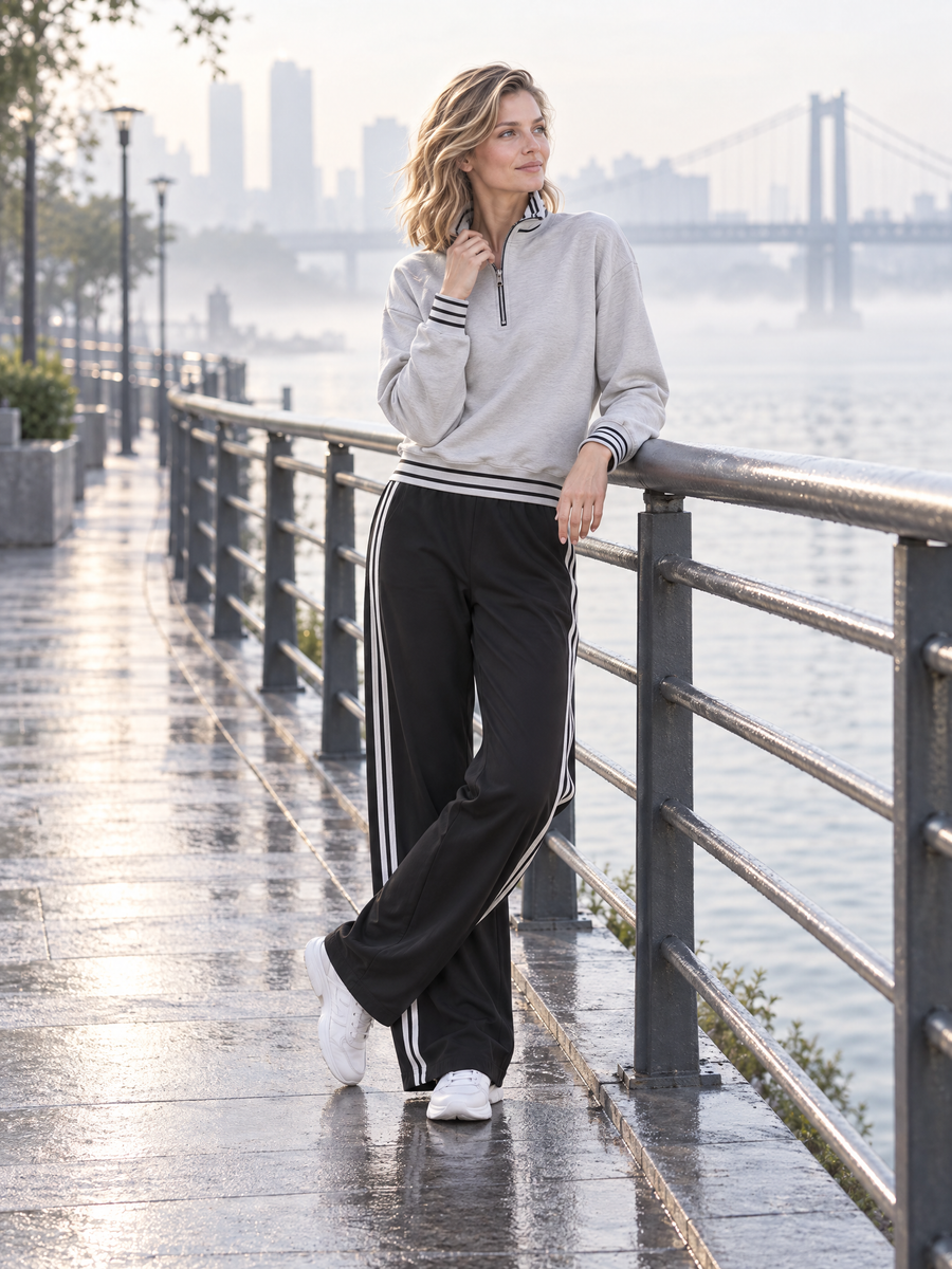 Stylish Casual Grey Half-zip Long-sleeve Top And Black Wide-leg Trousers Set