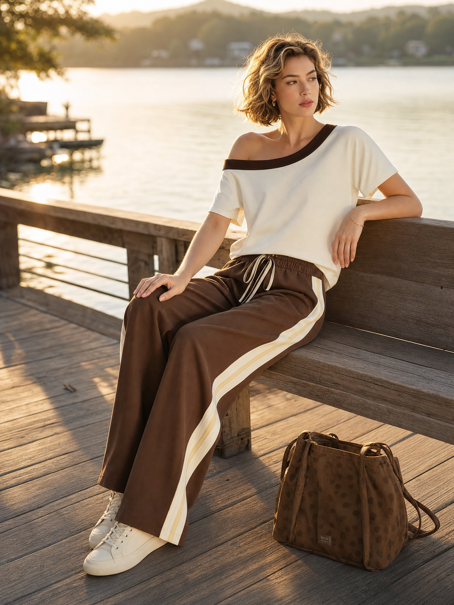 Women's Off-White Collared Off-Shoulder T-Shirt And Wide-Leg Pants Set