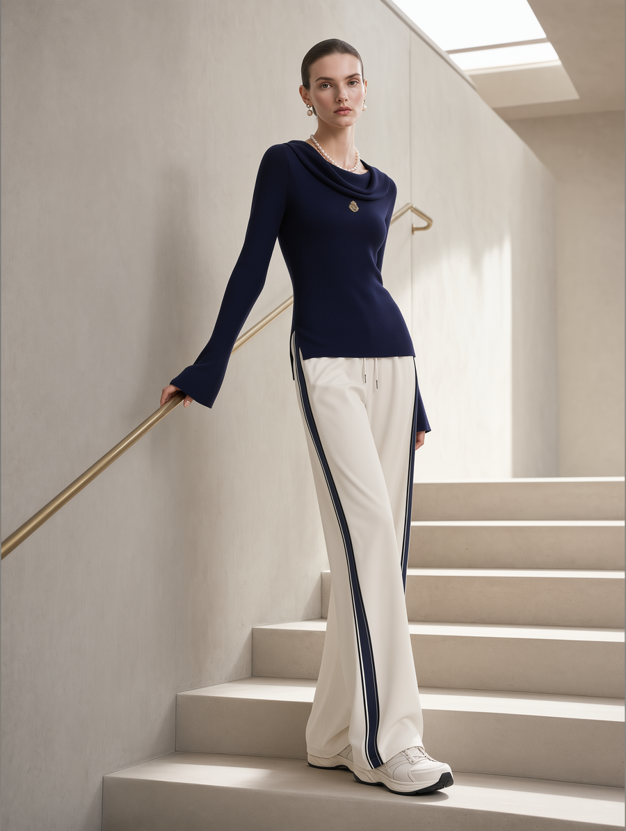 Navy Cowl Neck Knit Top & Cream Side Stripe Wide-Leg Pants Set