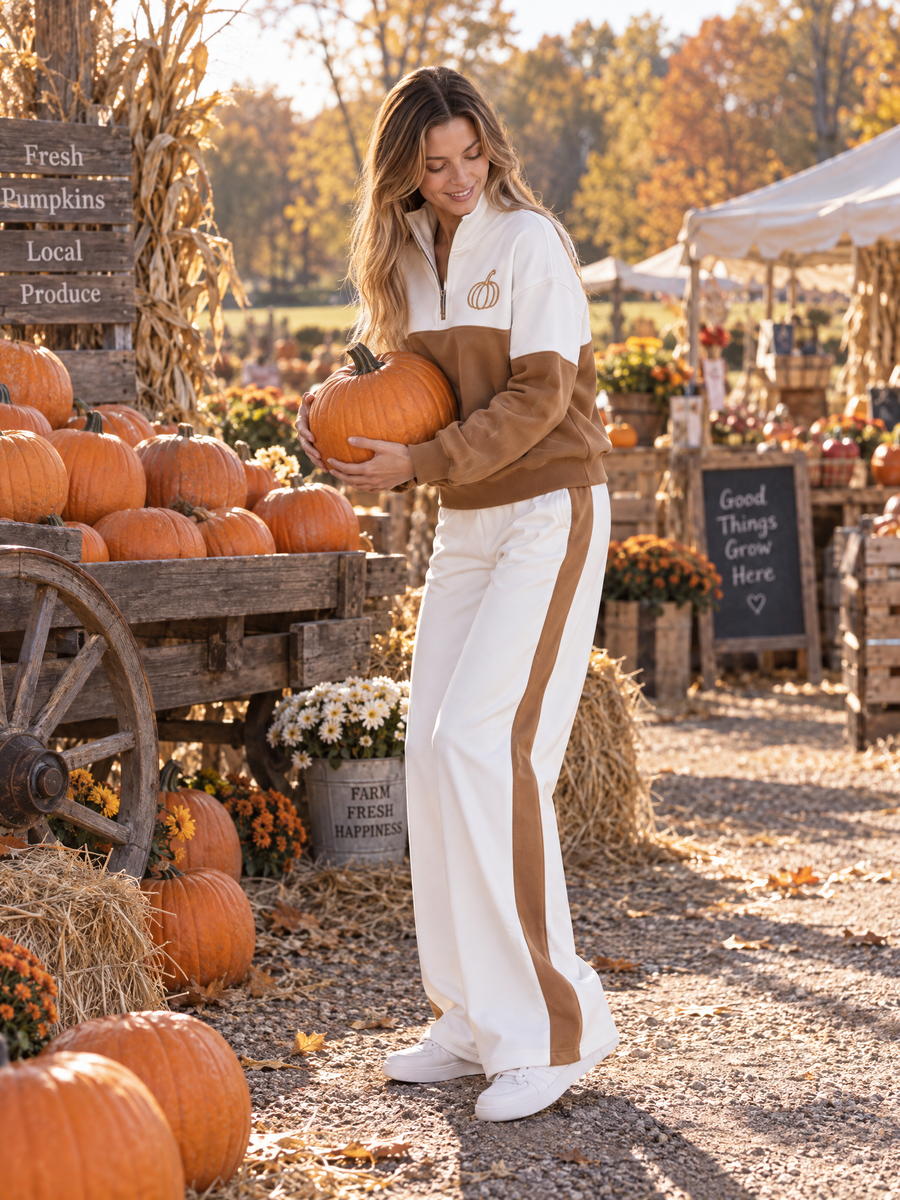 Brown And White Color-block Long-sleeve Half-zip Top And Pants Set With Pumpkin Embroidery