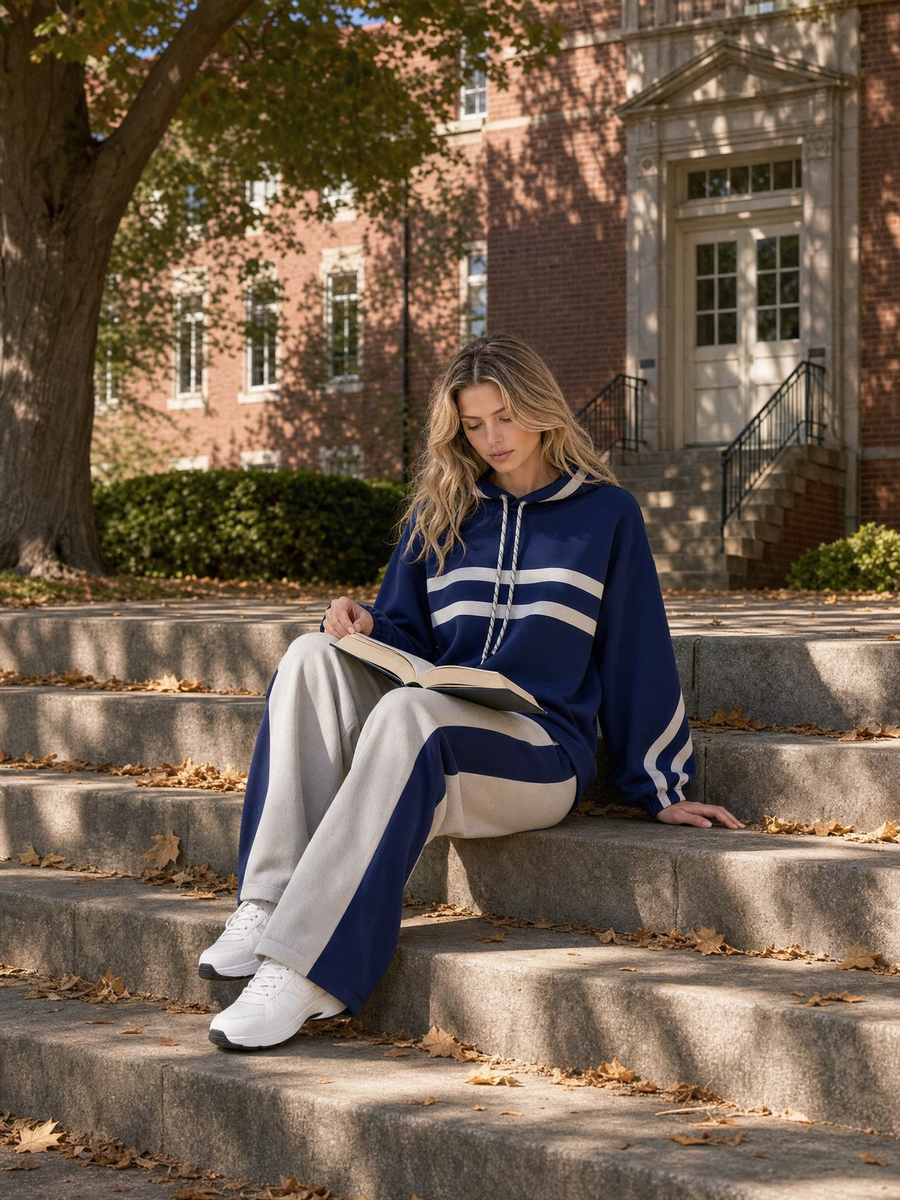 Navy And Grey Long-sleeve Hooded Top And Wide-leg Trousers Set