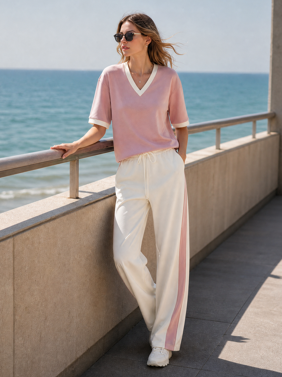 Stylish Misty Pink Color-Block V-Neck Top And Trousers Set