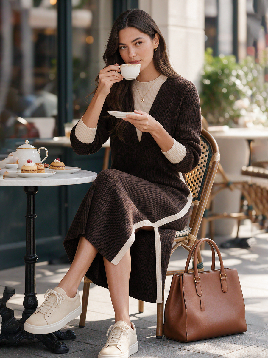 Dark Brown Color-block Faux Two‑Piece Slit Knit Long Skirt