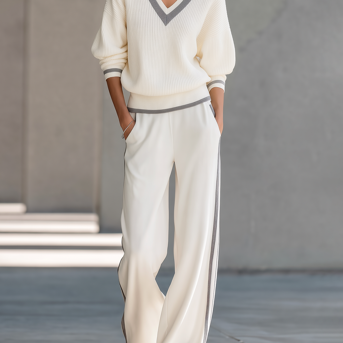 Off-white lightweight sweater and wide-leg trousers set