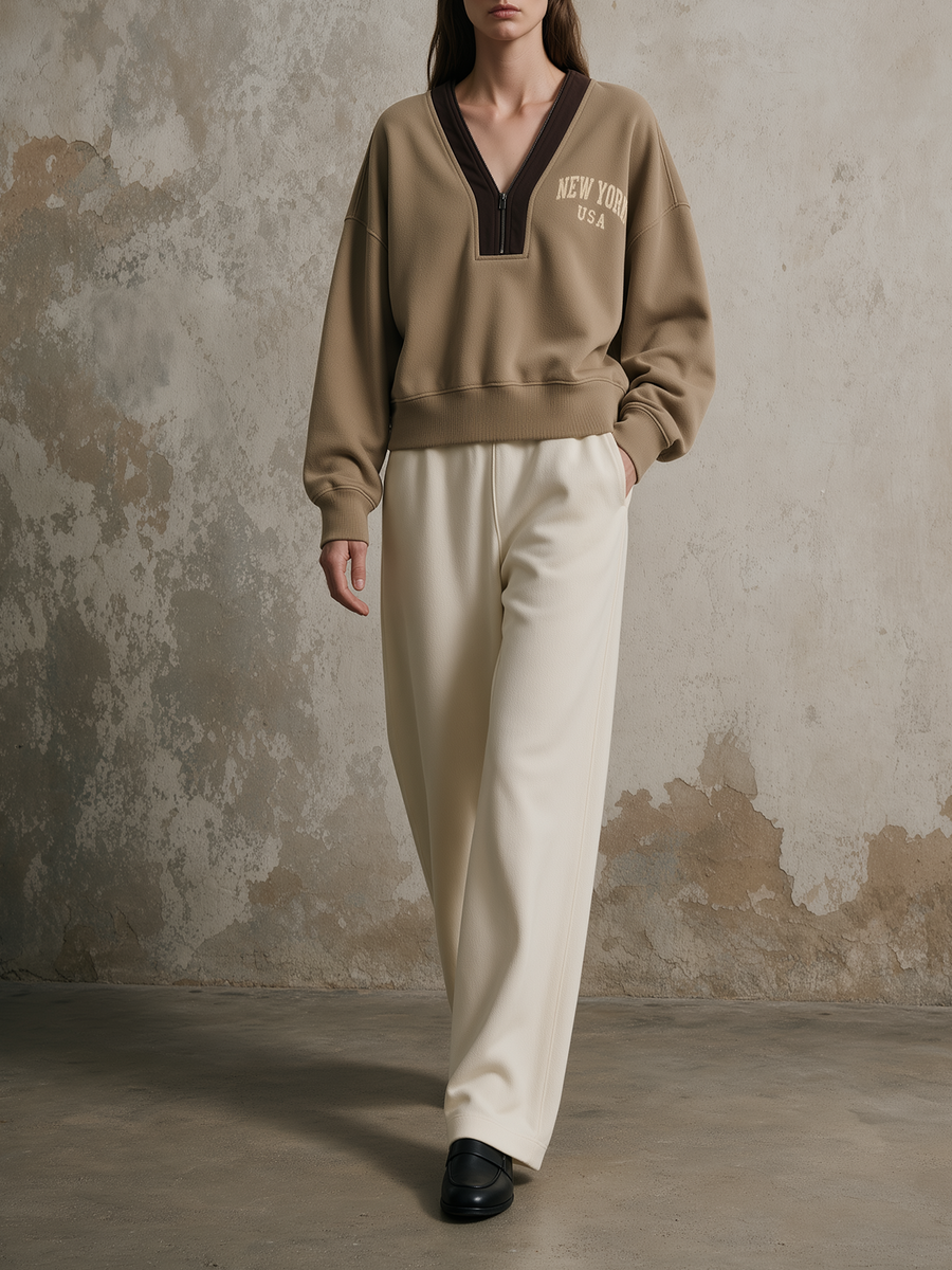 Taupe Varsity Half-Zip Crop Sweatshirt & Wide-Leg Sweatpants Set