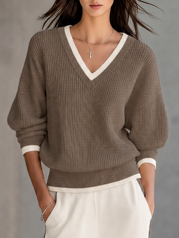 Minimalist V-neck Knit Top With Grey Paneling - Brown