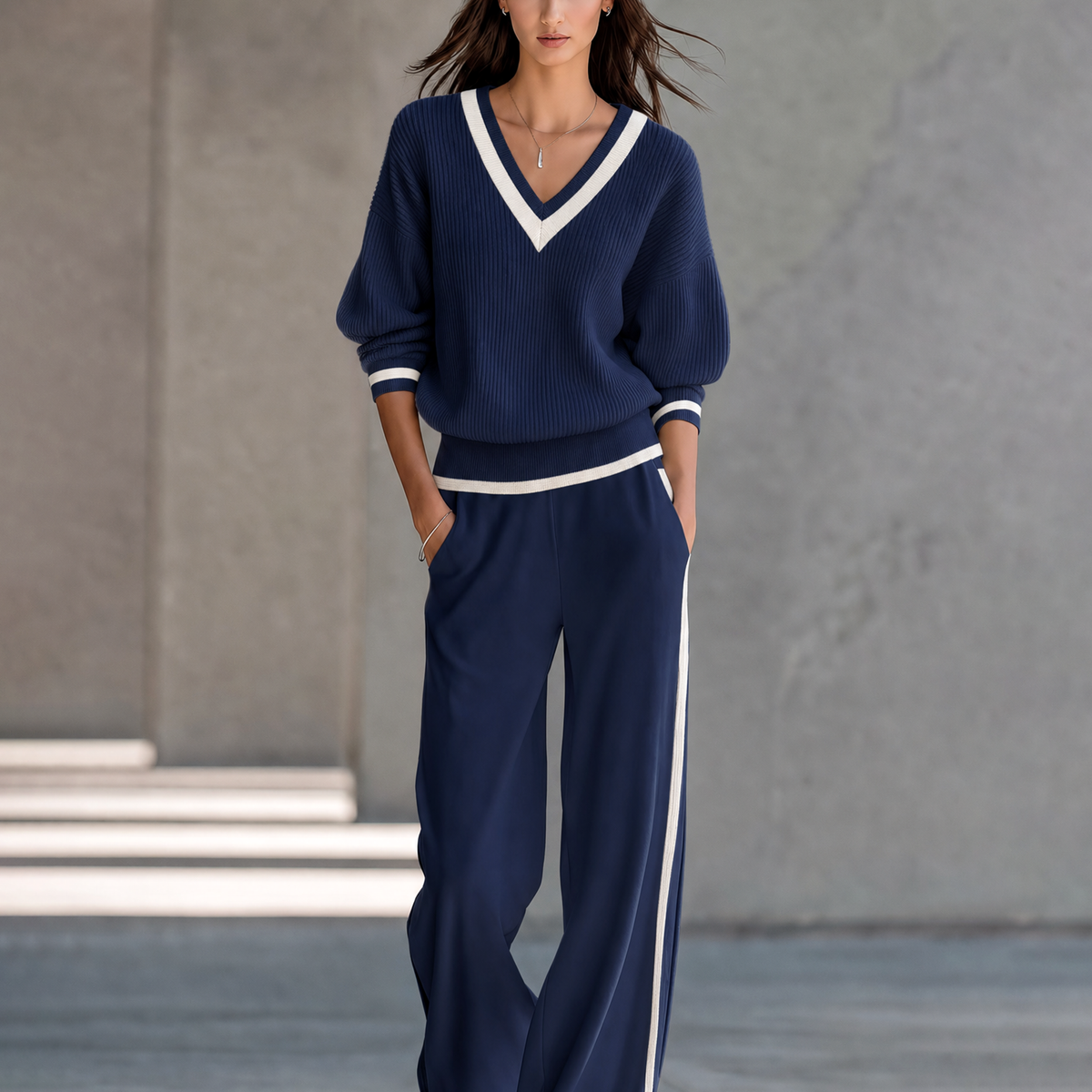 Off-white lightweight sweater and wide-leg trousers set