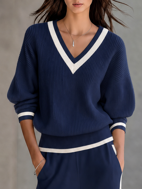 Minimalist V-neck Knit Top With Grey Paneling - Navy Blue
