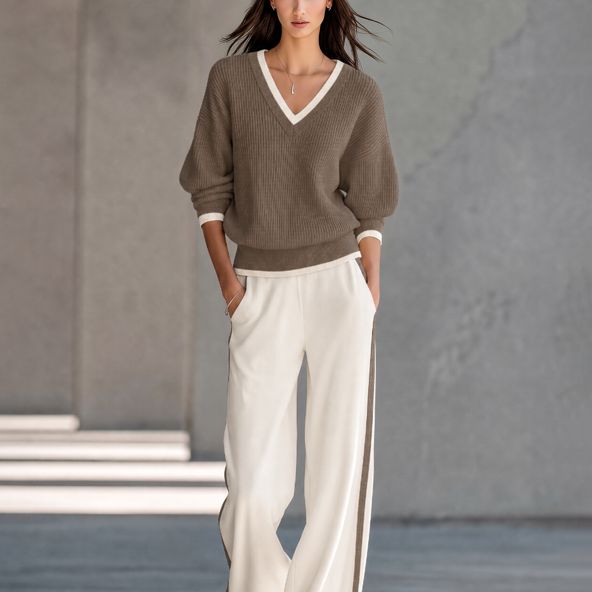 Off-white lightweight sweater and wide-leg trousers set