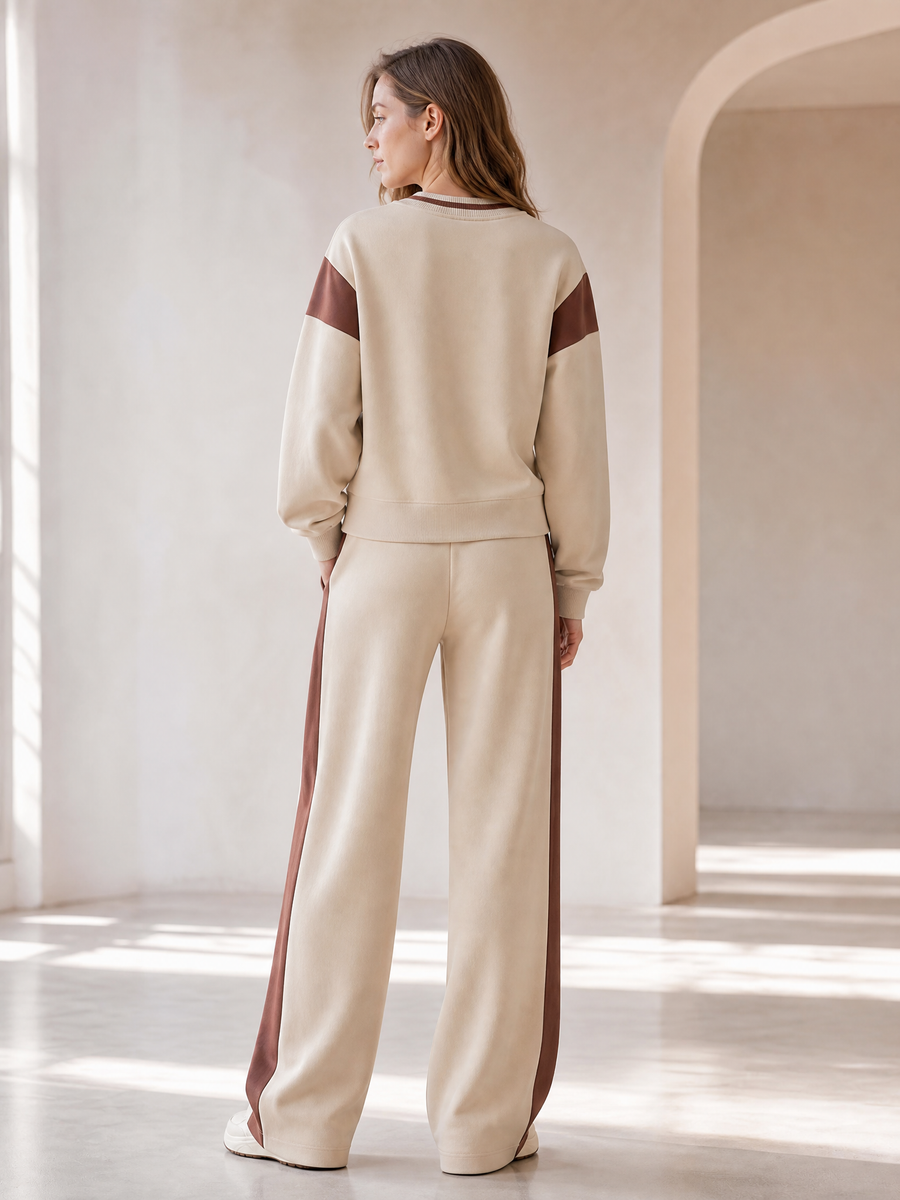 Stylish Khaki Color-Block Long-Sleeve Top And Wide-Leg Pants Set
