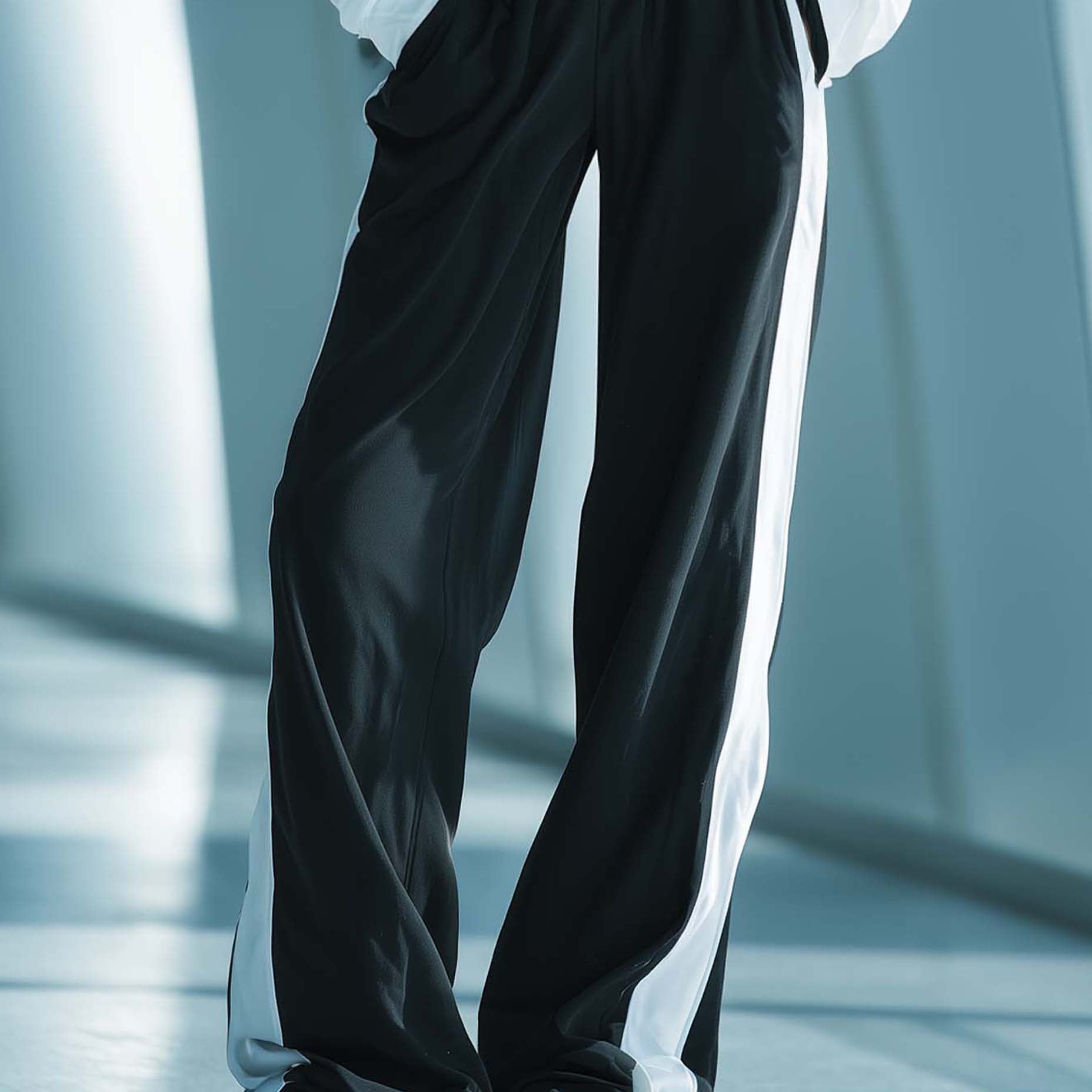 Women's Stylish Casual Black And White Color-block Trousers