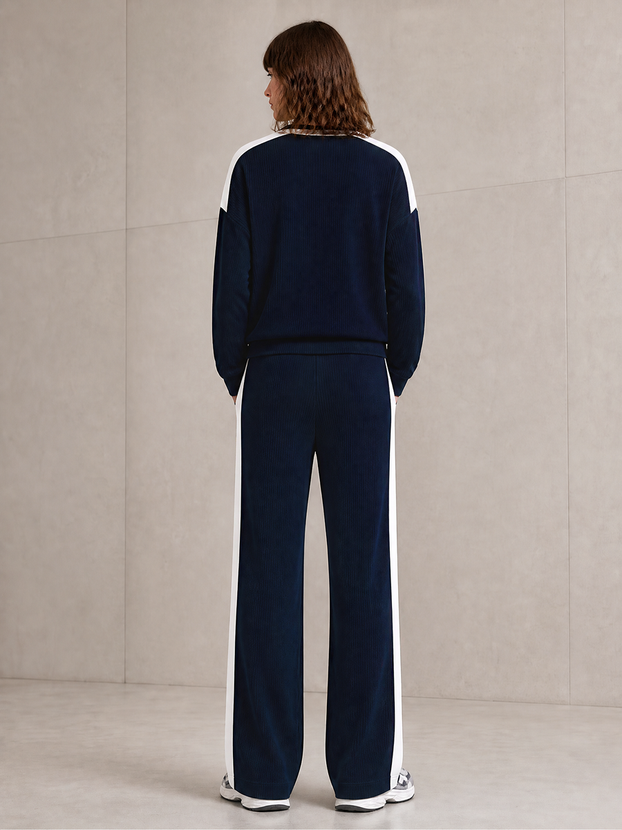 Navy & White Color‑Block Crew Neck Ribbed Knit Wide Leg Pants Set
