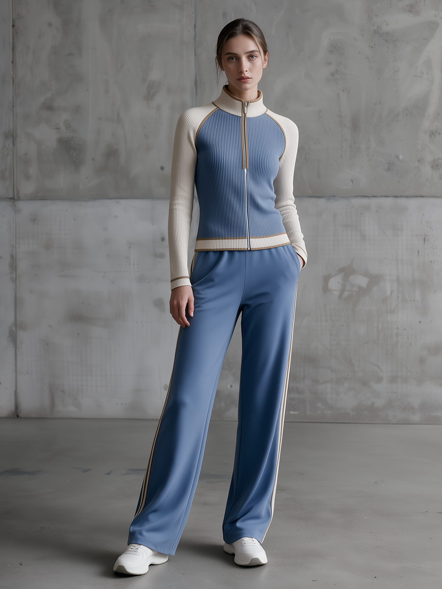 Blue Color Block Zip Knit Top & Side Stripe Track Pants Set