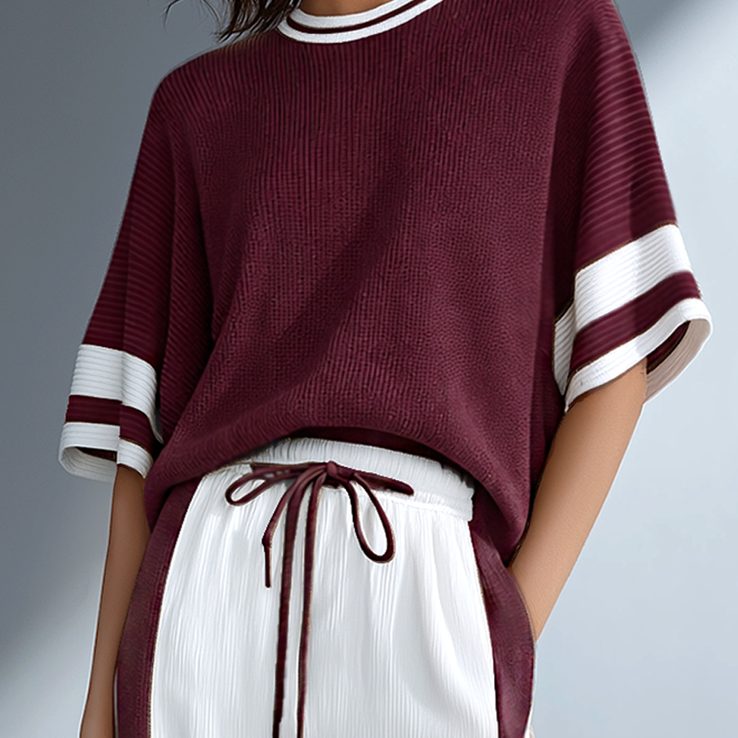 Women's Fashionable Casual Brown Ribbed Knit Color-block Loose Short-sleeved Top