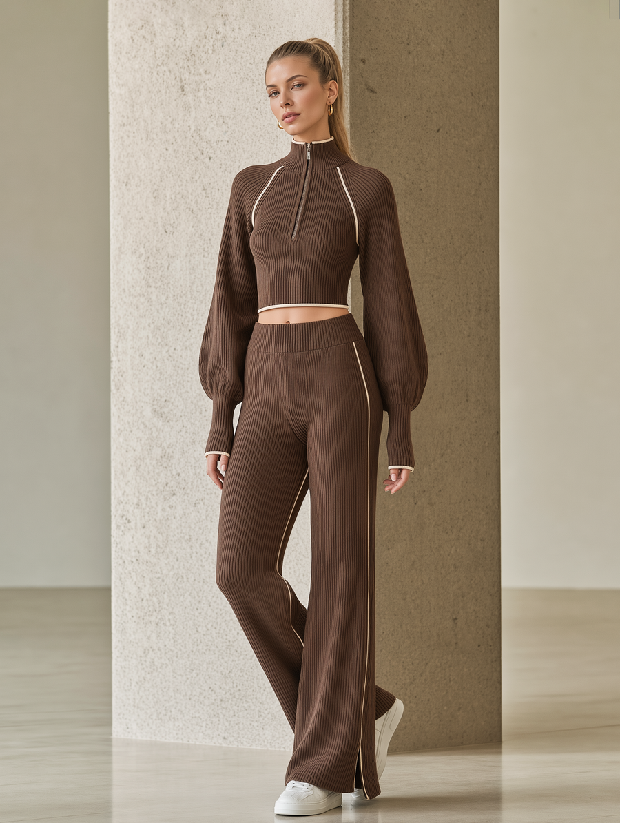 Brown Half-zip Puff-sleeve Sweater And Matching Pants Set