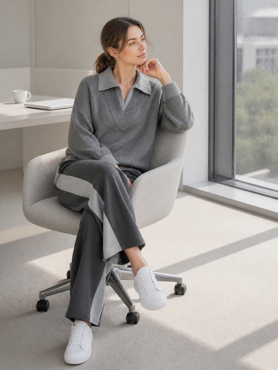 Grey-toned Fashion Set Featuring A Collared Long-sleeve Sweater And Wide-leg Trousers