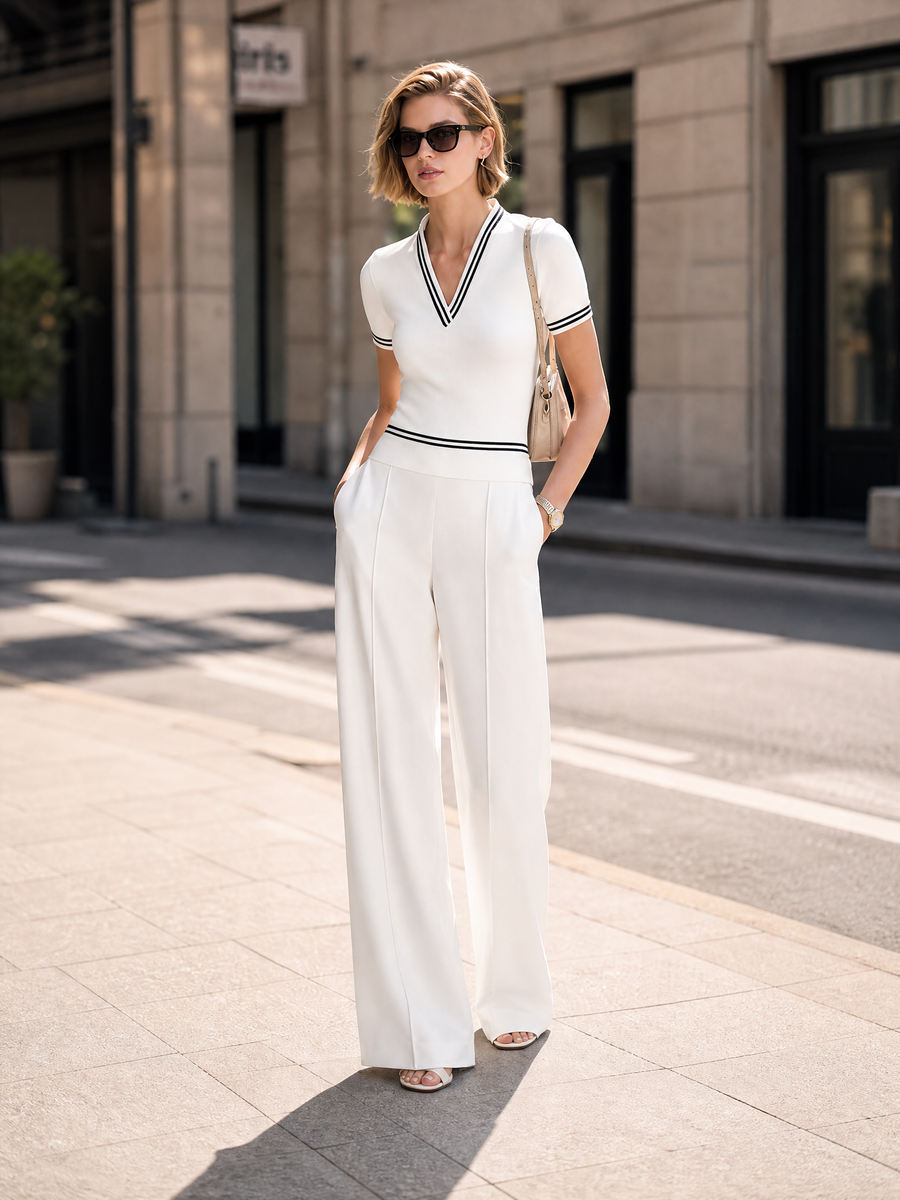 Stylish White V-Neck Top And Pants Set With Contrast Striped Trim