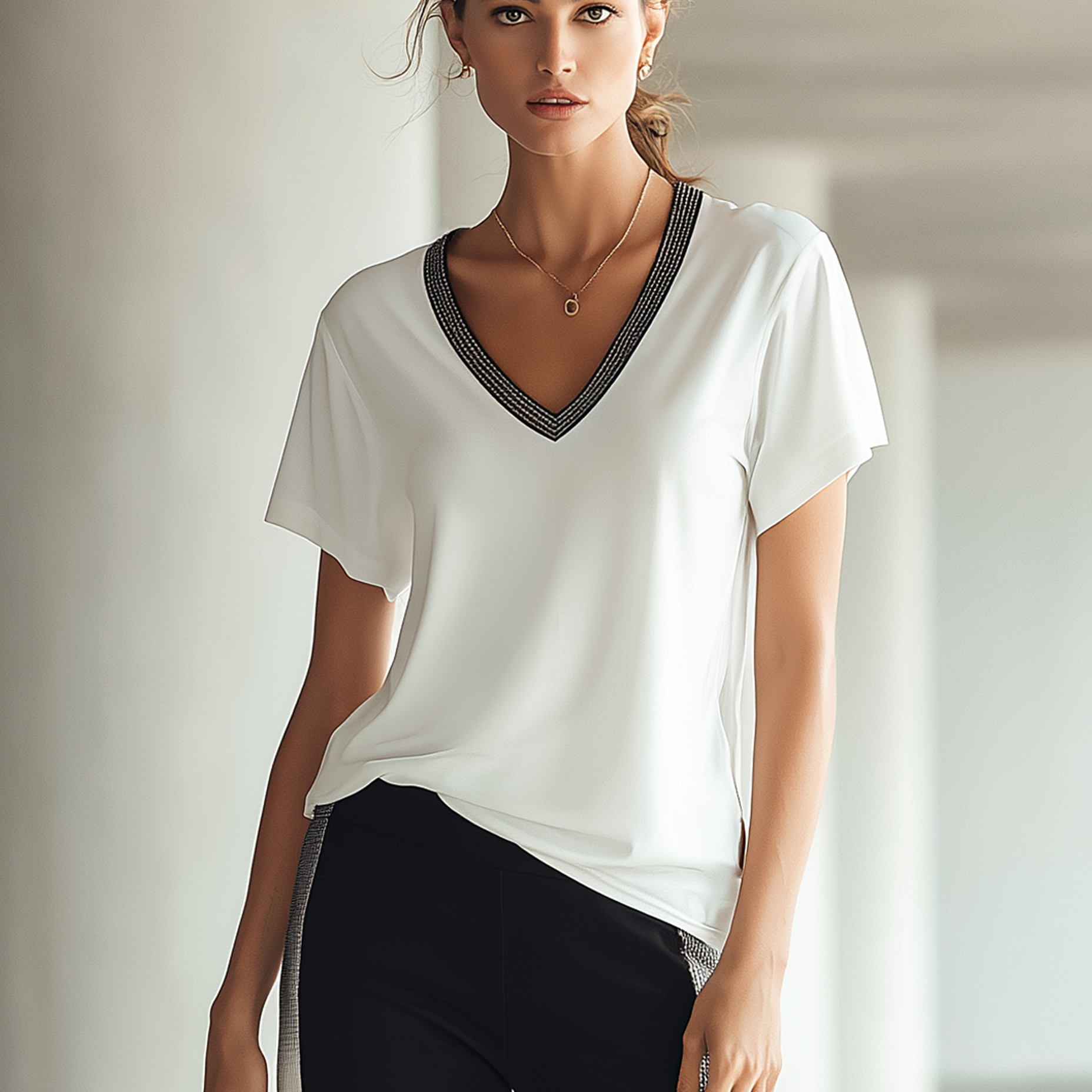 Women's Simple Silver Glitter V-neck T-shirt, White Loose-fitting Short-sleeved Top With A Flowing Drape.