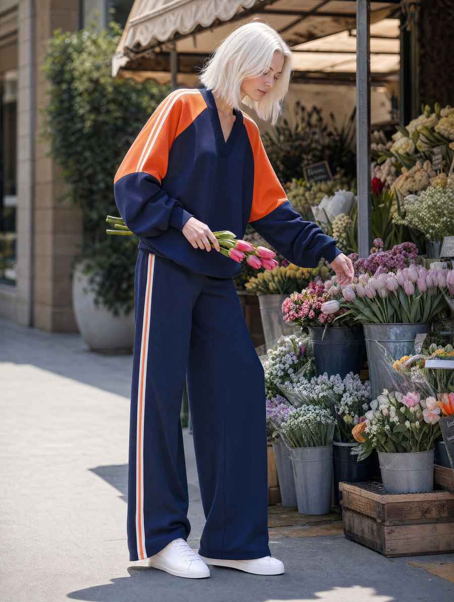 Athleisure-style Navy V-neck Color-block Long-sleeve Top And Wide-leg Pants Set