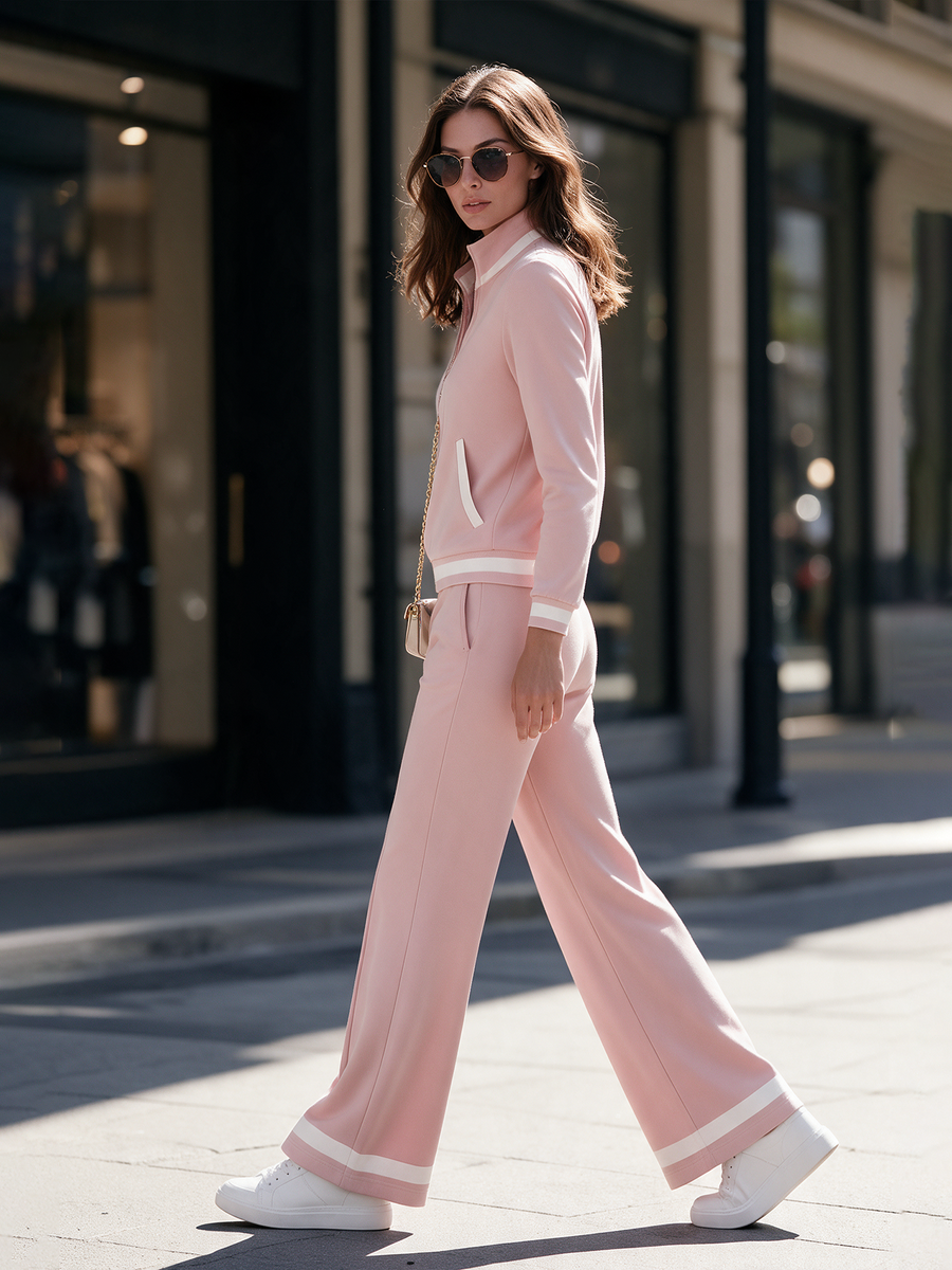 Pink Color-block Stand-collar Jacket And Slight-flare Trousers Breathable Set